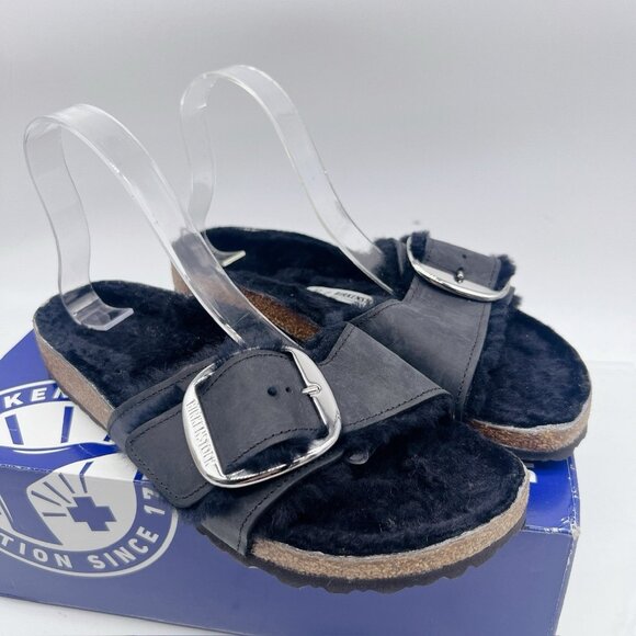 BIRKENSTOCK Madrid Big Buckle Sandal Shearling Black Womens EU 38 US 7- 7.5 - Picture 2 of 9